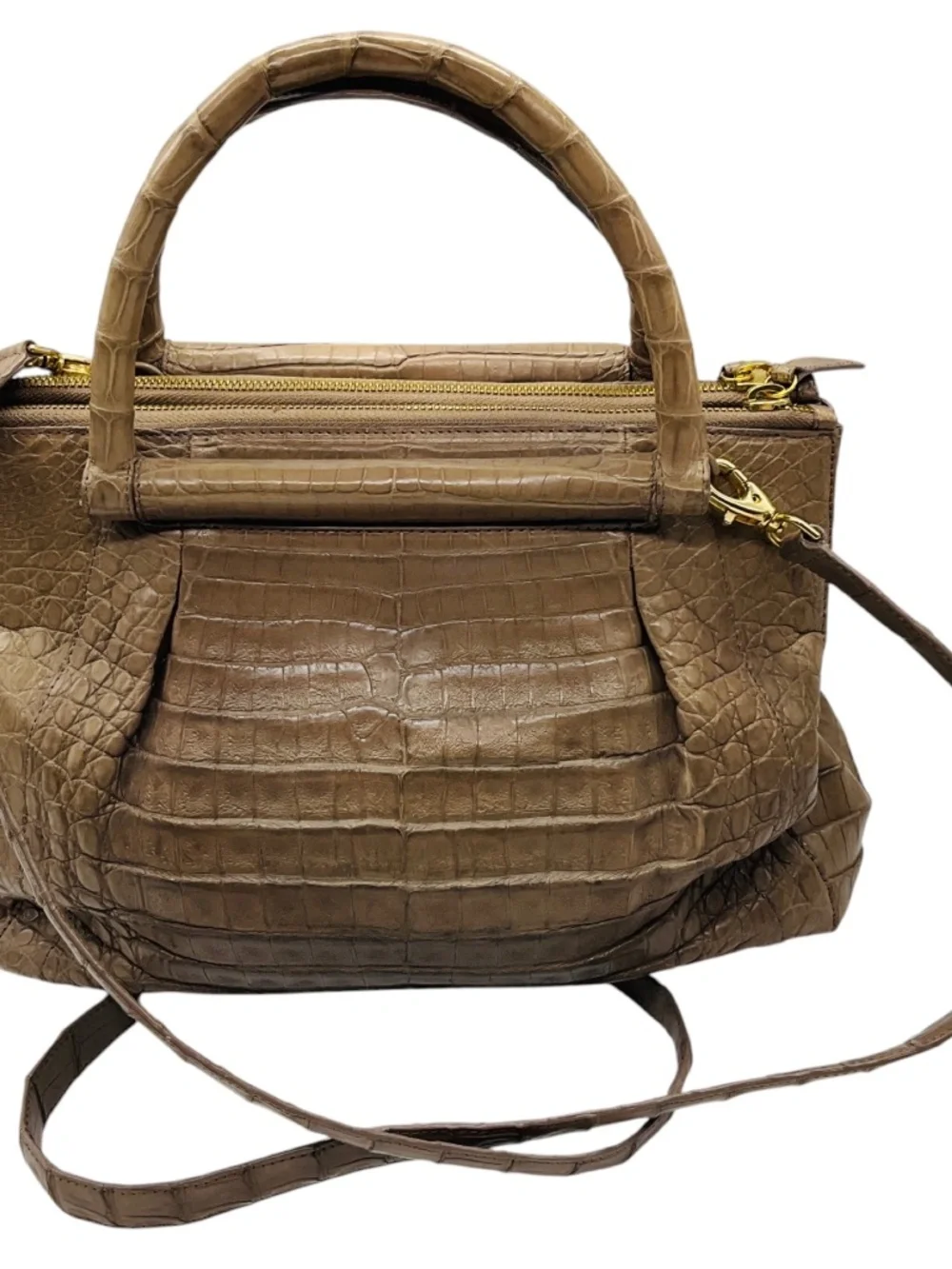 NANCY GONZALEZ TAUPE GENUINE CROCODILE DOUBLE TOP HANDLE SATCHEL HANDBAG